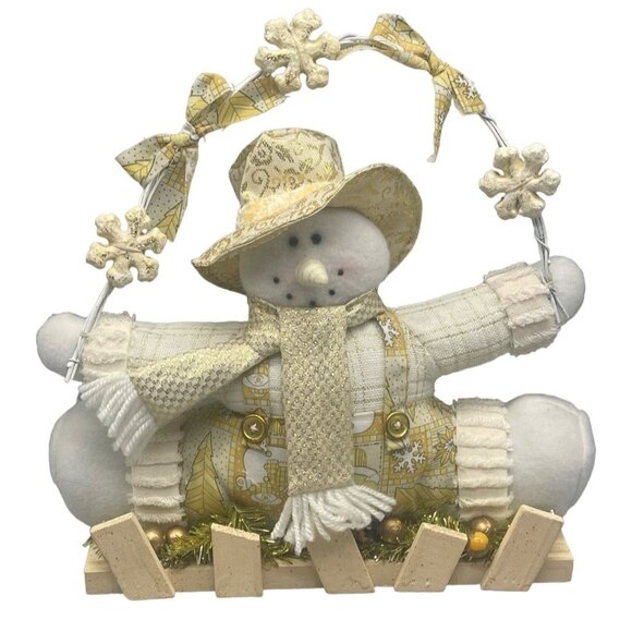 snowman figurine plush decor white gold shelf or hang snowflakes fence READ - Picture 1 of 10